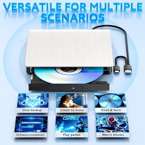 Image of External CD DVD Drive Player, USB 3.0 USB-C Portable CD DVD + /-RW Disk Drive Burner CD-ROM Reader Writer for Laptop Desktop PC (2 in 1 DVD Writer - White)