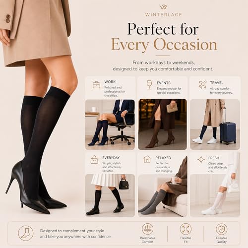 Image of Winterlace Women's Trouser Socks, Opaque Stretchy Nylon Knee High, Many Colors, 6 or 12 Pairs