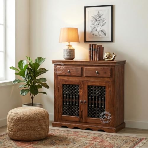 Image of NSH Solid Sheesham Wood Sideboard Storage Cabinet Unit with 2 Door and 2 Drawer Wooden Standard Multipurpose Furniture for Home Living Room Hall Office - (Honey Finish)