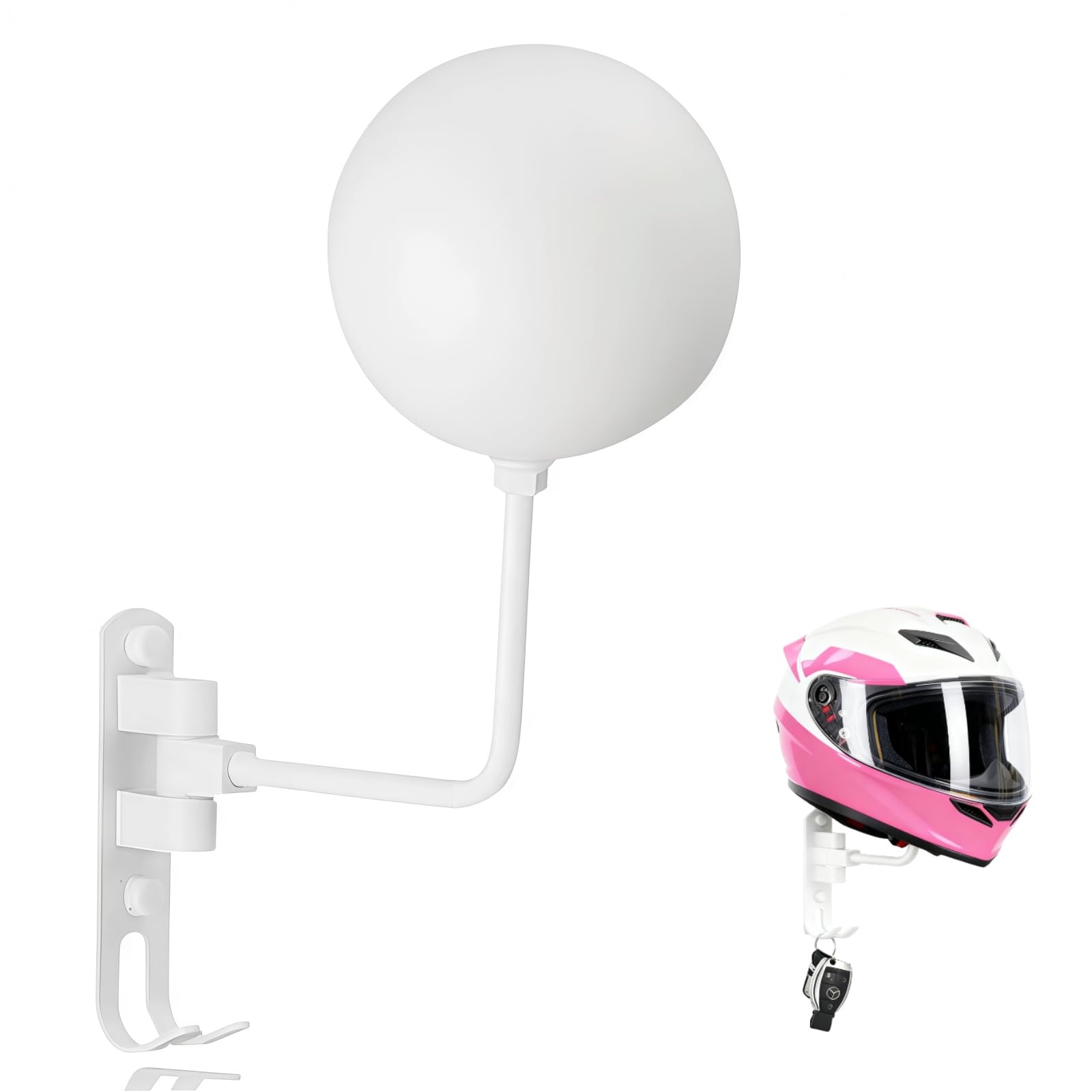 Siocok Helmet Stand, 180° Rotation Metal Helmet Holder Wall Mount, Motorcycle Helmet Display Stand with Hook, for Motorbike, Caps, Baseballs, Rugby Helmet, Can Hang Keys (White)