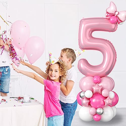 Image of 40 Inch Pink Number 5 Balloon Tower 5th Birthday Decorations for Girls | Large Pastel Baby Hot Pink White Number Five Foil Balloons Stack Set 5 Years Old Princess Fifth Birthday Party Decorations