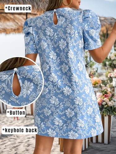 Women's Elegant Floral Jacquard Dress, Puff Sleeve Lightweight Shift Mini Dresses for Summer Casual3