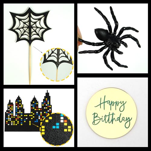DRWATE Spider Cake Topper with Black Red and Blue Balls Spiders Webs Stars City for Boys Men Birthday Party Baby Shower Supplies (City) - Thumbnail 3