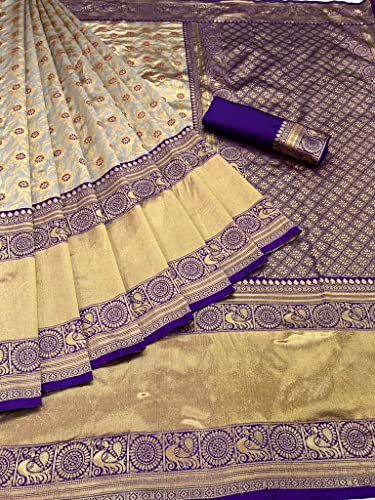 Image of Flosive Women's Present Banarasi Soft Lichi Silk Saree Beautiful Jacquard Rich Pallu Design Work Zari Woven Ayn Kanjivaram Silk Style Saree With Soft Lichi Silk Blouse Piece (Royal Blue)