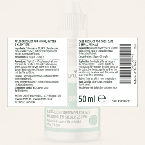 AniForte Ohrentropfen mit kolloidalem Silber 25ppm & Ringelblume 50ml | Für Hunde, Katzen & Kleintiere I Bei Ohrentzündungen, Juckreiz I Ohrenpflege, Ohrenhygiene, Gesunde Ohren