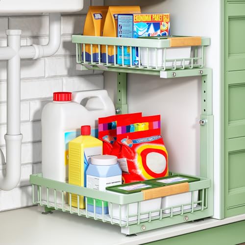Image of Kitstorack Under Sink Organizer, 2 Tier Under the Sink Storage, Slide out Pull out Cabinet Organizer Shelf, Metal Sliding Drawer for Kitchen Bathroom Pantry Closet Organization Rack, Green, 1 Pack