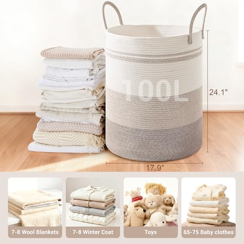 Image of 100L Extra Large Tall Cotton Rope Laundry Basket with Handle, Brown Striped