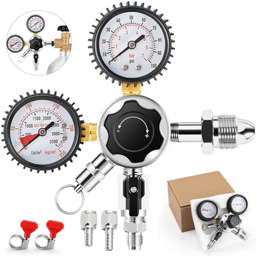 Draft Beer Nitrogen Regulator 0-100psi Dual Gauge Nitrogen Gas Pressure Regulator，CGA580 Nitrogen Tank Regulator 0-3500PSI with Relief Valve 5/16 Outlet Barb Nitro Regulator for Beer Keg Home Brewing