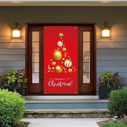 Christmas Door Cover, 3x6.6ft Snowball Design Front Door Decorations, Holiday Hanging Banner for Home, Outdoor Indoor Xmas Decor