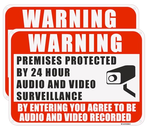 2PC Warning Premises Protected By 24 Hour Audio And Video Surveillance 10 x 7 Inches - Aluminum - You are Being Recorded Camera In Use Monitoring Signs Easy to Mount
