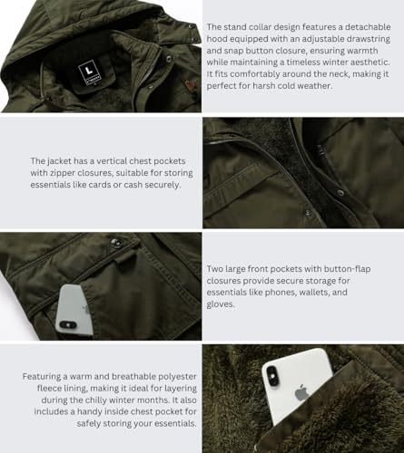 Image of L'MONTE Men's Imported Heavy-Duty Winter Jacket - 100% Cotton Coat with Fleece Lining, Detachable Hood & Multiple Pockets - Windproof, Warm, Stylish for Outdoor & Casual Winter Wear