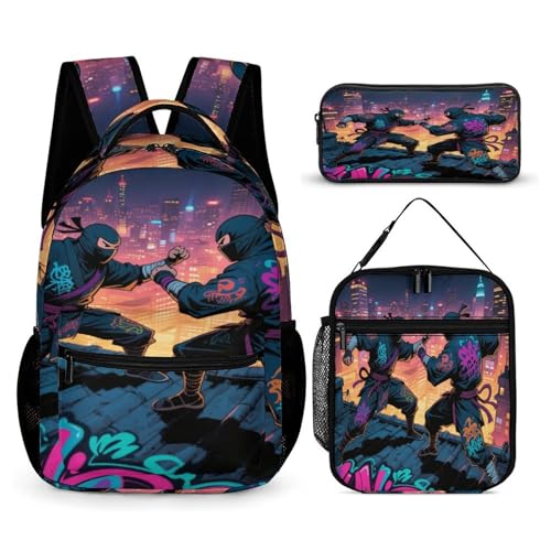 Ninja Duel Printed Backpack With Lunch Pack Storage Box Case 3pcs Lightweight Travel Backpack