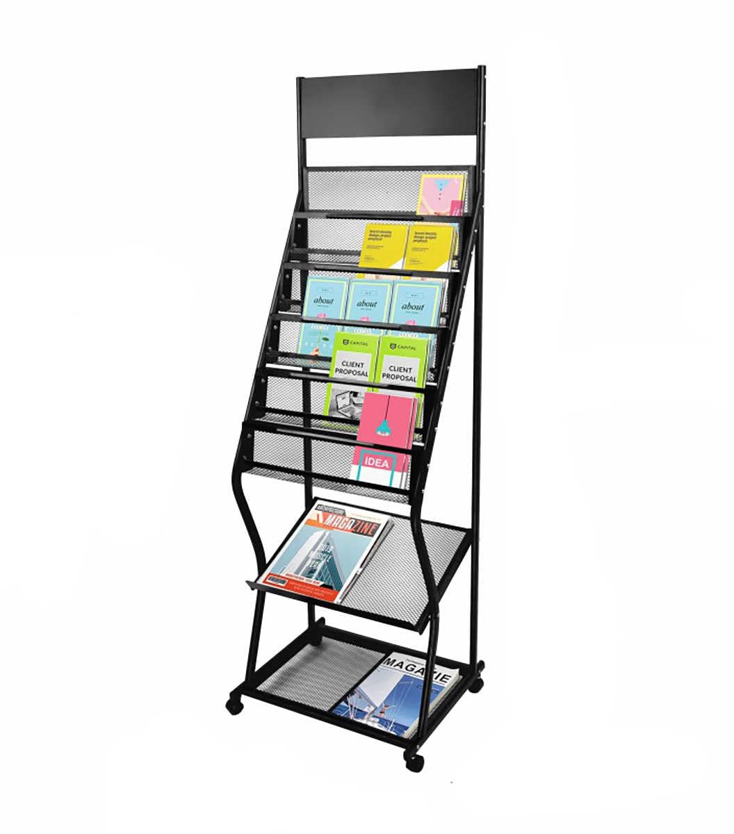 7-stufiger Boden-Zeitschriftenständer, Broschürenständer, Posterständer aus Metall mit Rädern, Lagerregal für Flugblätter für Büro, Bankhalle, Mehrzweck-Präsentationsständer