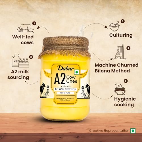 Image of Dabur A2 Cow Ghee - 500ml | Rich in Vitamin A & Antioxidant properties | Made with Bilona method | Helps balance Vata & Pitta Dosha | Crafted using milk from A2 desi cows | 100% pure