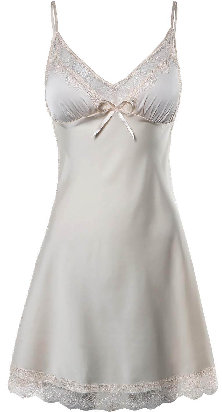 BellisMira Sexy Slip Satin Nightwear Lace Cami Padded/Unpadded Flower Pajamas V-Neck Sleepwear Floral Silk Nighty for Women