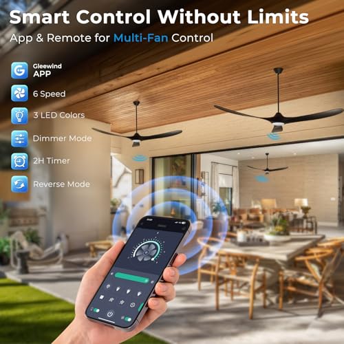 Image of 72 inch Outdoor Ceiling Fans with Lights-Glass Lamp, Large Damp Rated Wood Propeller Blades for Big Patios & Porch, Smart APP and Remote Control, 3 Blades Dimmable LED Ceiling Fans, High CFM-Black