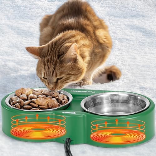IPOW 54 OZ Heated Cat Bowl with Double Removable Stainless Steel Bowl, Outdoor Heated Water Bowl, Provide Feral Cats and Kittens with Ice-Free Food and Water During Cold Winter Months