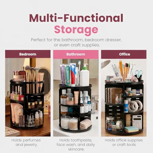 Image of 360 Rotating Makeup Organizer - Adjustable Shelf Height and Fully Rotatable. The Perfect Cosmetic Organizer for Bedroom Dresser or Vanity Countertop. (Black)