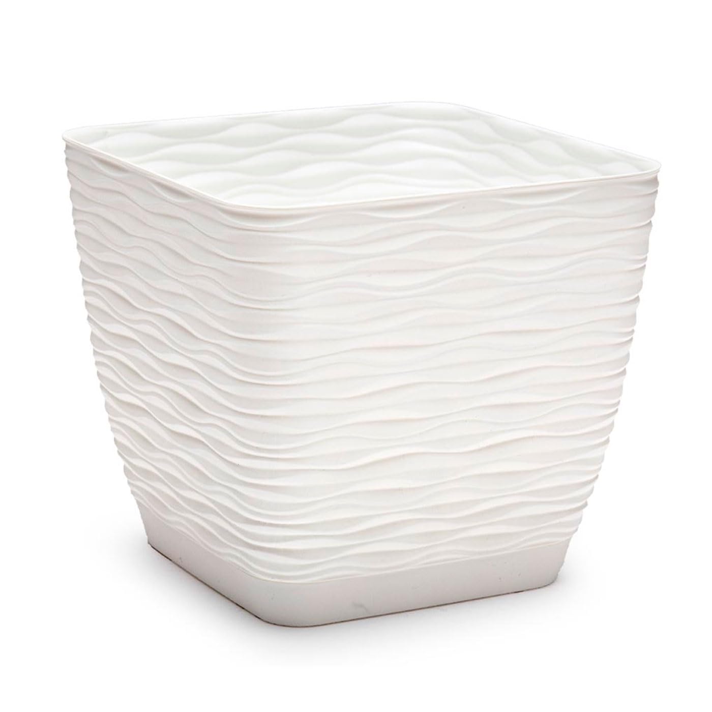 Acan Tradineur - Maceta Cuadrada con Plato - Diseño Wind - Fabricado en plástico - Ideal parajardín Exterior, terraza o balcón - 14 x 15 x 15 cm - Color Blanco Roto