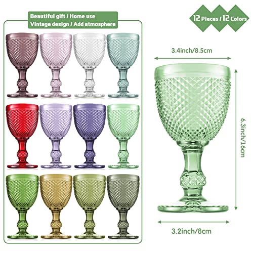 Yaomiao 12 Pcs Wine Glass Goblets Colored Glass Goblets 10 Oz Stemmed Glassware Vintage Pattern Embossed High Clear Drinking Glass With Stem Diamond Design For Wedding Party Banquet Feast, 12 Colors #TOP1
