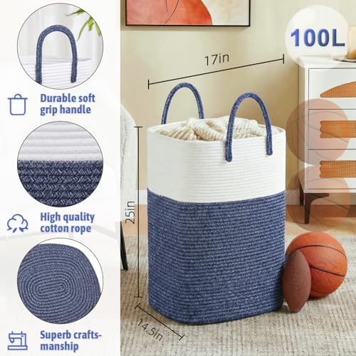 Image of Laundry Basket,Woven Cotton Rope Laundry Hamper,Versatile Storage for Dirty Clothes,Baby Toys,and Blankets in Bathroom, Nursery,and Living Room (Blue, 100L)