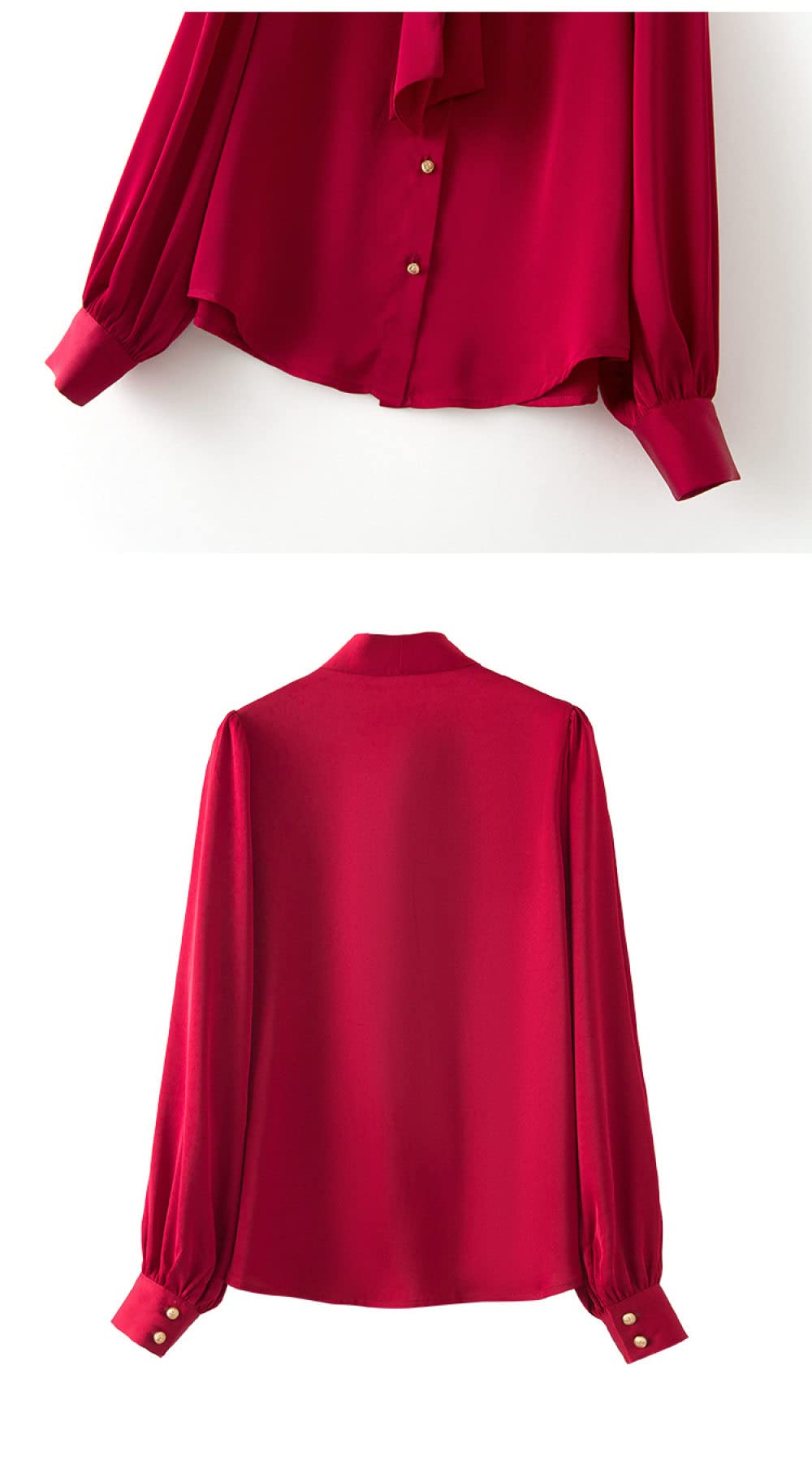 Shirt Langarm Damen,Damen Langarmshirts Rot Einfarbig Stehkragen Fliege Knopf Klassische Blusen Frühling Herbst Lässige Strickjacke Mantel Arbeitsoberteile Stilvolle Lose Hemden