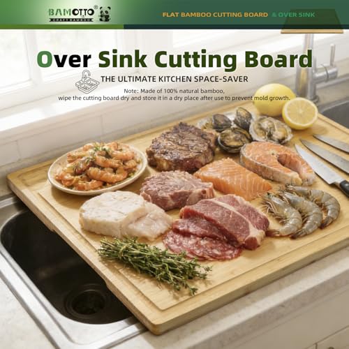 Image of BAMOTTO CRAFTBAMBOO XXL Extra Large 100% Organic Bamboo Cutting Board 24 inchx18 inch - Butcher Block Chopping /Carving Board with Handle & Juice Groove for Turkey, Meat, Vegetables, BBQ