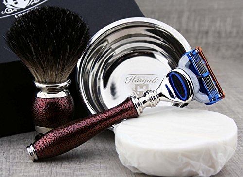 Haryali London 4 Pcs Shaving Set for Men Pure Black Badger Brush, 5 Edge Shaving Razor, Engraved Bowl & Soap. Gift For Him