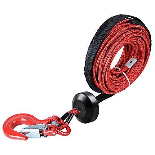 Astra Depot 50 x 1 4 RED 7000lbs Strong Synthetic Winch Rope Rock and All Heat Guard + Rubber Stopper + Red Heavy Duty Half-Linked Hook for Truck ATV UTV KFI