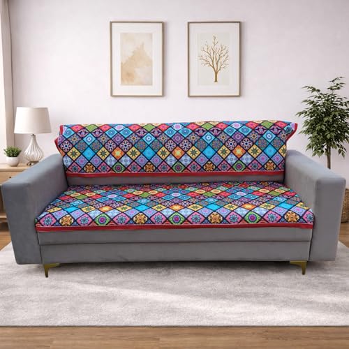 Image of Homerz Premium 'Surya Series' Sofa Cover | Stylish Sofa Protector | Net Fabric | Anti-Stain & Washable Slip Cover Exact Size Antislip (mn3, 5 (3+1+1) Seater, Seat Cover with Backrest)