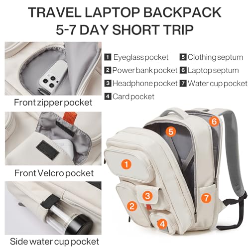 mixi Large Capacity Expandable Travel Backpack for Women & Men 15.6'' Laptop Carry On Weekender Bag Outdoor Hiking with Multifunction Pockets 180° Open Water Resistant 18 Inch 28L, Moonlight White3