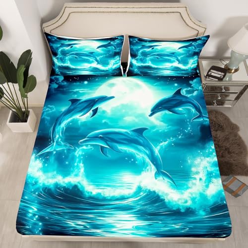 Dolphin Kids Fitted Sheet 3D Dolphin Printed Bed Sheets,Blue Sea Waves Sheets Queen,Ocean Coastal Marine Life Animals Bed Set for Girls Boys Teens Room Decor