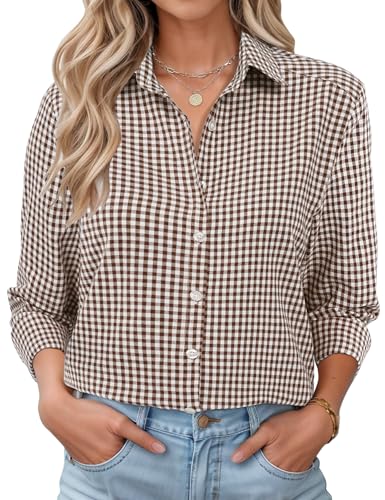 LOMON Business Casual Spring Tops Boyfriend Style Blouses Oversized Tshirts for Women Brown and White Plaid XXL