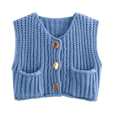 FindThy Women’s Cropped Sweater Vest Cute Crewneck Button Down Sleeveless Crop Knit Cardigan with Pocket(4056-Blue-S-LB) Cover