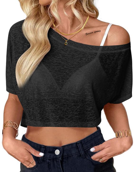 LovelyWholesale Womens Off The Shoulder Mesh Tops Short Sleeve Cropped T Shirt Clubwear