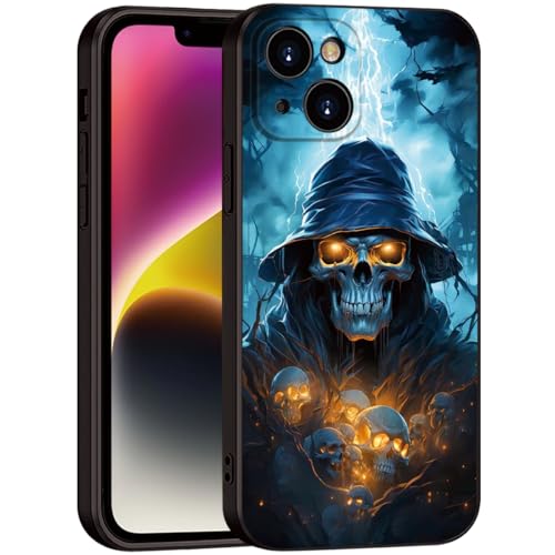Printed with Skull for iPhone 13 case, Printed with a skeleton pattern bathed in lightning, the Silicone shockproof case makes your phone look cool and eye-catching (A1-skull-Death God Skeleton )