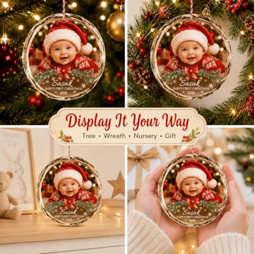 Image of Bemaystar Personalized Baby's First Christmas Photo Crystal Ornament 2026