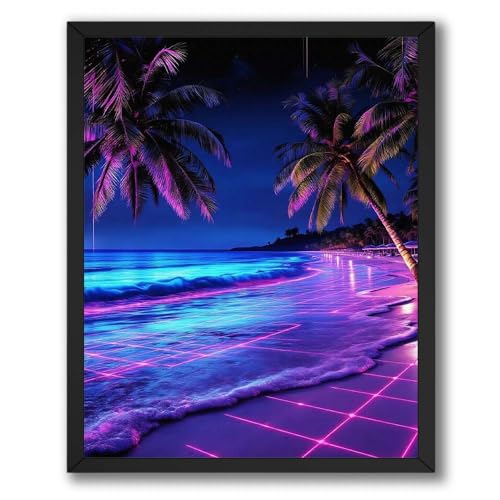 InkFlow Posters Neon Tropical Beach Poster - Glowing Night Ocean Illustration - Futuristic Art Style Design - Home Wall Decor Accent - Travel Lover Gift - 8x10 Unframed Canvas Print