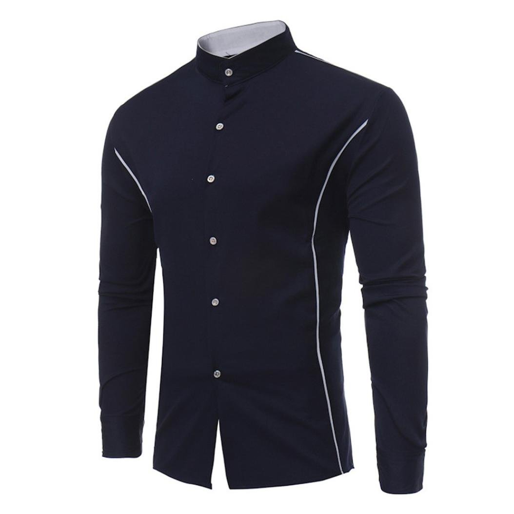 HARRYSTORE Men's Long Sleeve Shirts Slim Fit Striped Casual T-Shirt Casual Grandad Collar Tops