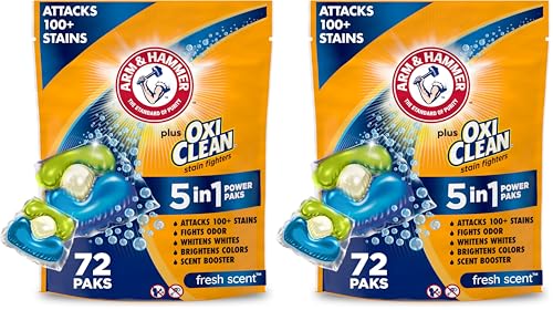 Image of ARM & HAMMER Plus OxiClean Stain Fighters: 5-in-1 Laundry Detergent Power Paks, Fresh Scent, 72 Count (Pack of 2)