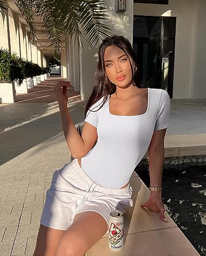 Image of OQQ Women's 2 Piece Bodysuits Sexy Ribbed One Piece Square Neck Short Sleeve Bodysuits
