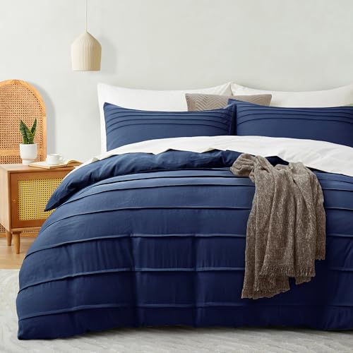 Oli Anderson Navy Blue Duvet Cover King Size - Pleated King Duvet Cover, 3PCS Soft and Breathable Textured Bedding Set with Zipper Closure(Navy Blue,104"x90") 05 - Navy Blue King(104"×90")