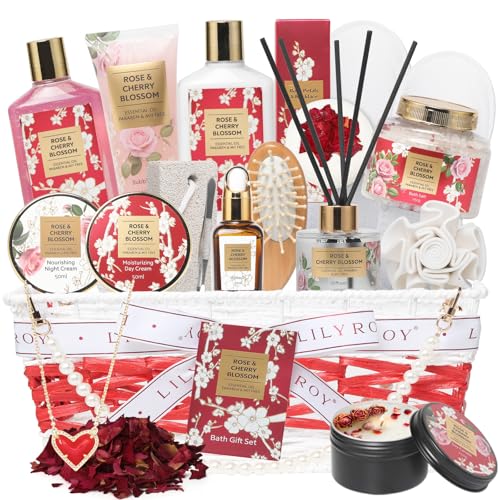 Christmas Gifts for Women – 19-Piece Luxury Rose & Cherry Blossom Spa Gift Basket Set Bath and Body Gift Sets Care Kit with Necklace | Valentine’s Day, Mothers Day Gifts Baskets for Mom, Wife Christmas Gifts for Women – 19-Piece Luxury Rose & Cherry Blossom Spa Gift Basket Set Bath and Body Gift Sets Care Kit with Necklace | Valentine’s Day, Mothers Day Gifts Baskets for Mom, Wife
