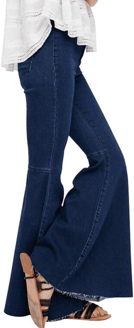 Women's Fashion Bell Bottom Pants High Waist Tassel Stretch Curvy Fit Jeans Blue