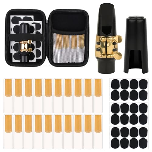 48 Pcs Alto Sax Mouthpiece Kit - Include 1 Gold Mouthpiece 1 Plastic Cap 1 Sax Ligatures 20 Reeds and 24 Pads and 1 EVA Storage Case for Alto Saxophone Parts and Accessories