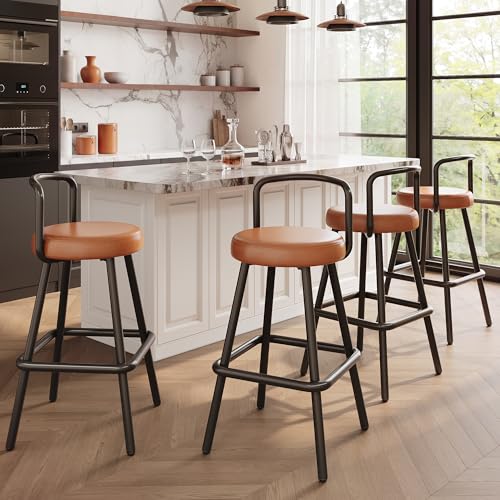 kozamas Juego de 4 taburetes de bar – Sillón acolchado confort y relax estética, respaldo ergonómico, piel sintética, resistente al agua, patas de hierro estable, reposapiés para bar y cocina, color