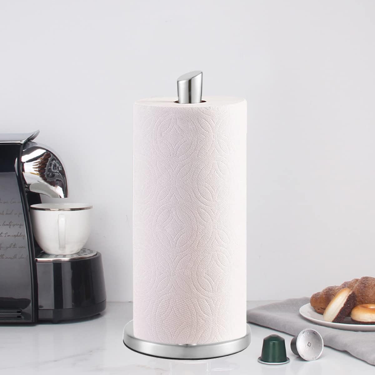Paper Towel Holder countertop, Free-Standing Kitchen roll Holder for Kitchen Bathroom, Paper Towel Holder Stand Dispenser with Stainless Base Fits Standard (Silver)