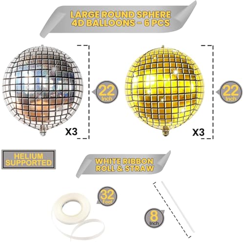 Image of 6 pcs 22Inch Disco Ball Ballons, 4D Large Foil Balloons for 70s Disco Dance Birthday Graduation New Year (Silver /Gold Disco Ball 6pcs)