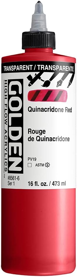 GOLDEN High Flow Acrylics, Transparent Quinacridone Red, 16 fl. oz. Bottle, Professional Acrylic Paint, Transparent