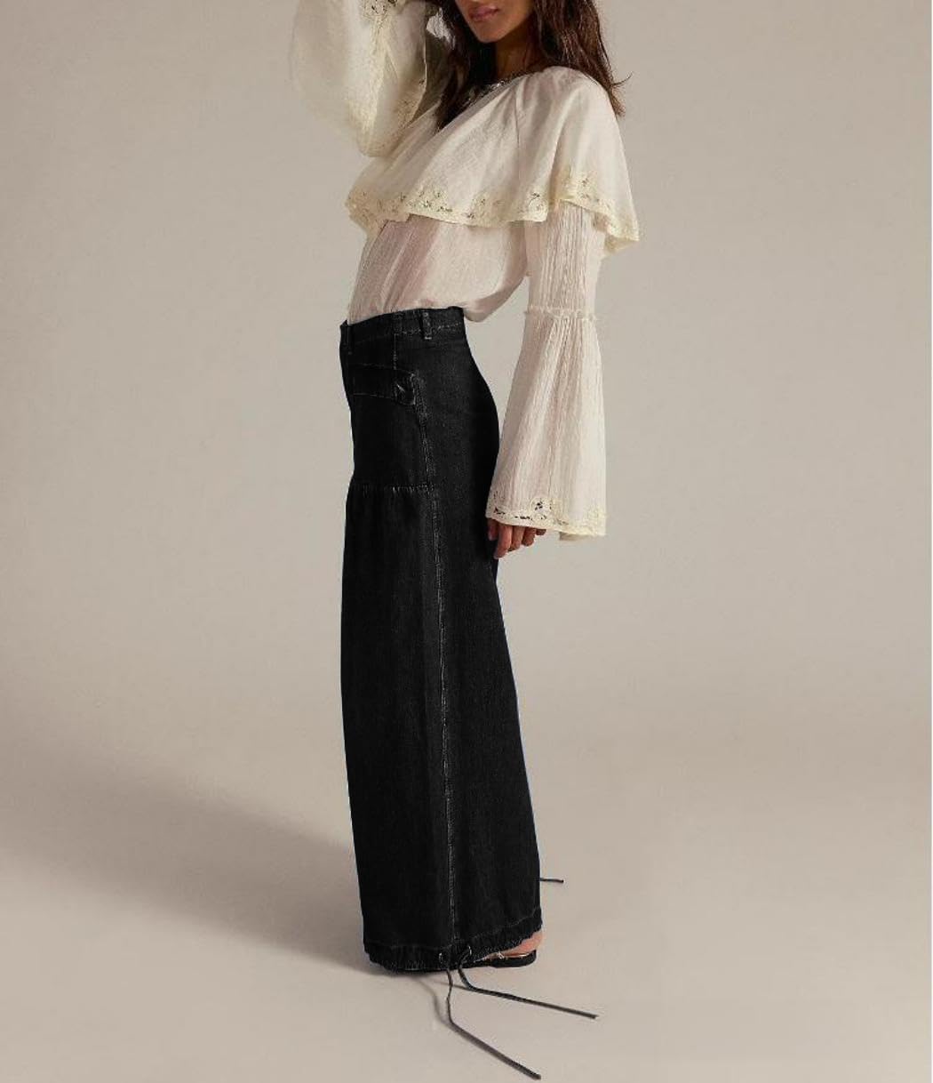 yoeasy Women's Lotus Tube Jeans Mid Rise Baggy Wide Leg Barrel Jeans Drawstring Ankle Denim Pants with Pockets - Image 2